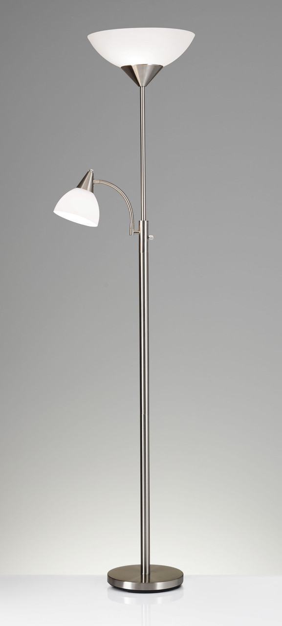 71" Two Light Torchiere Floor Lamp With White Acrylic Bowl Shades
