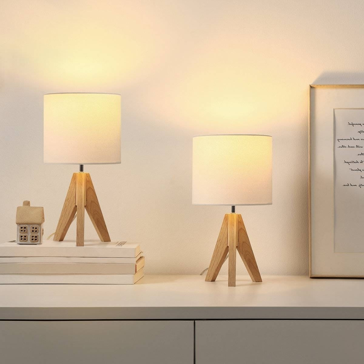 Set of 2 - Scandinavian Style Tripod Desk Lamp with White Linen Drum Shade