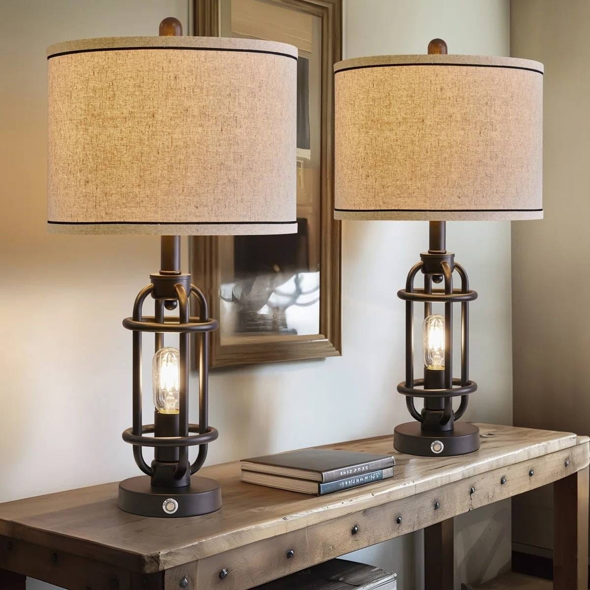 Set of 2 - Farmhouse Dimmable Touch USB Table Lamp with Beige Linen Drum Shade