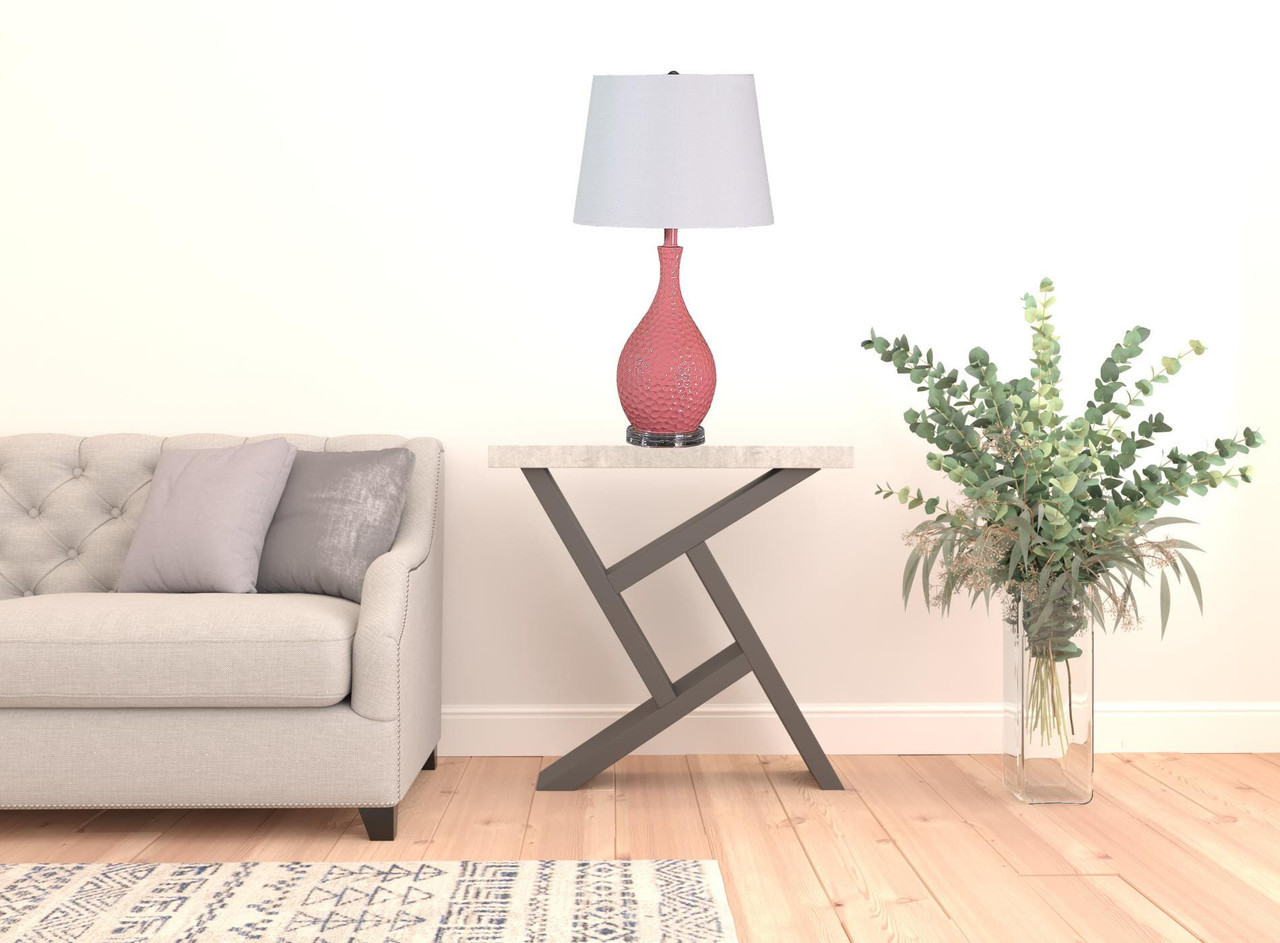 28" Pink Hammered Urn Table Lamp With White Tapered Drum Shade