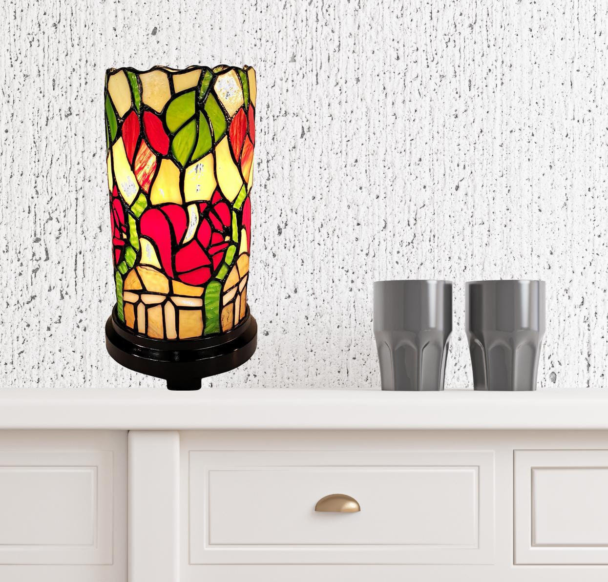 14" Red Green and Black Floral Stained Glass Accent Lamp