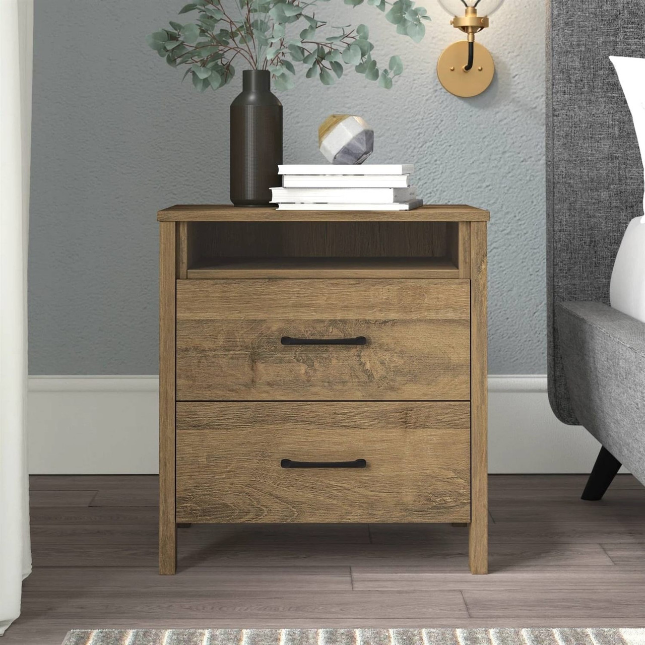 Modern Farmhouse 2-Drawer Nightstand Bedside Table in Brown Oak Wood Finish