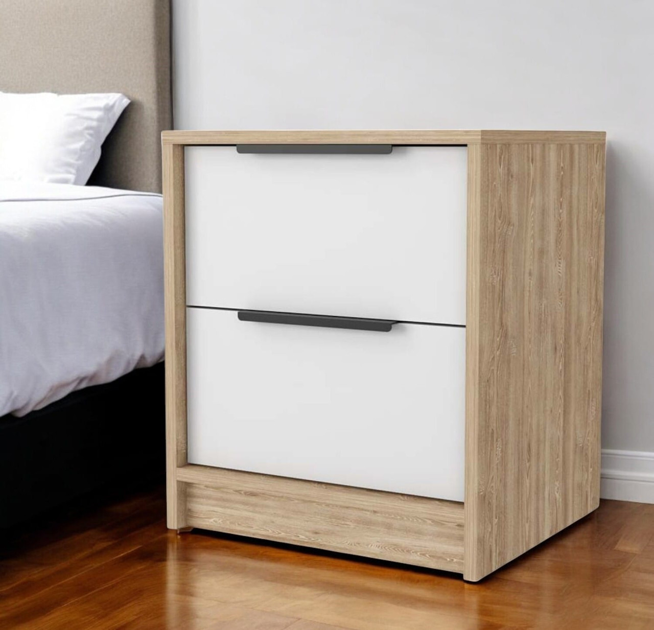 19" White and Natural Two Drawer Faux Wood Nightstand
