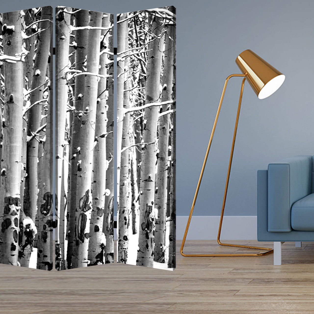 48" X 72" Gray And White Wood Canvas Birch  Screen
