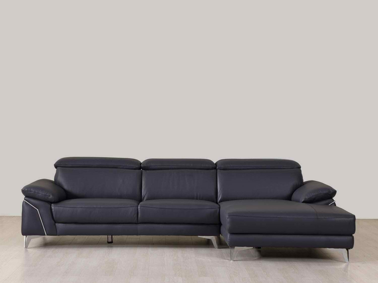 Navy Blue Italian Leather L Shaped Two Piece Sofa and Chaise Sectional