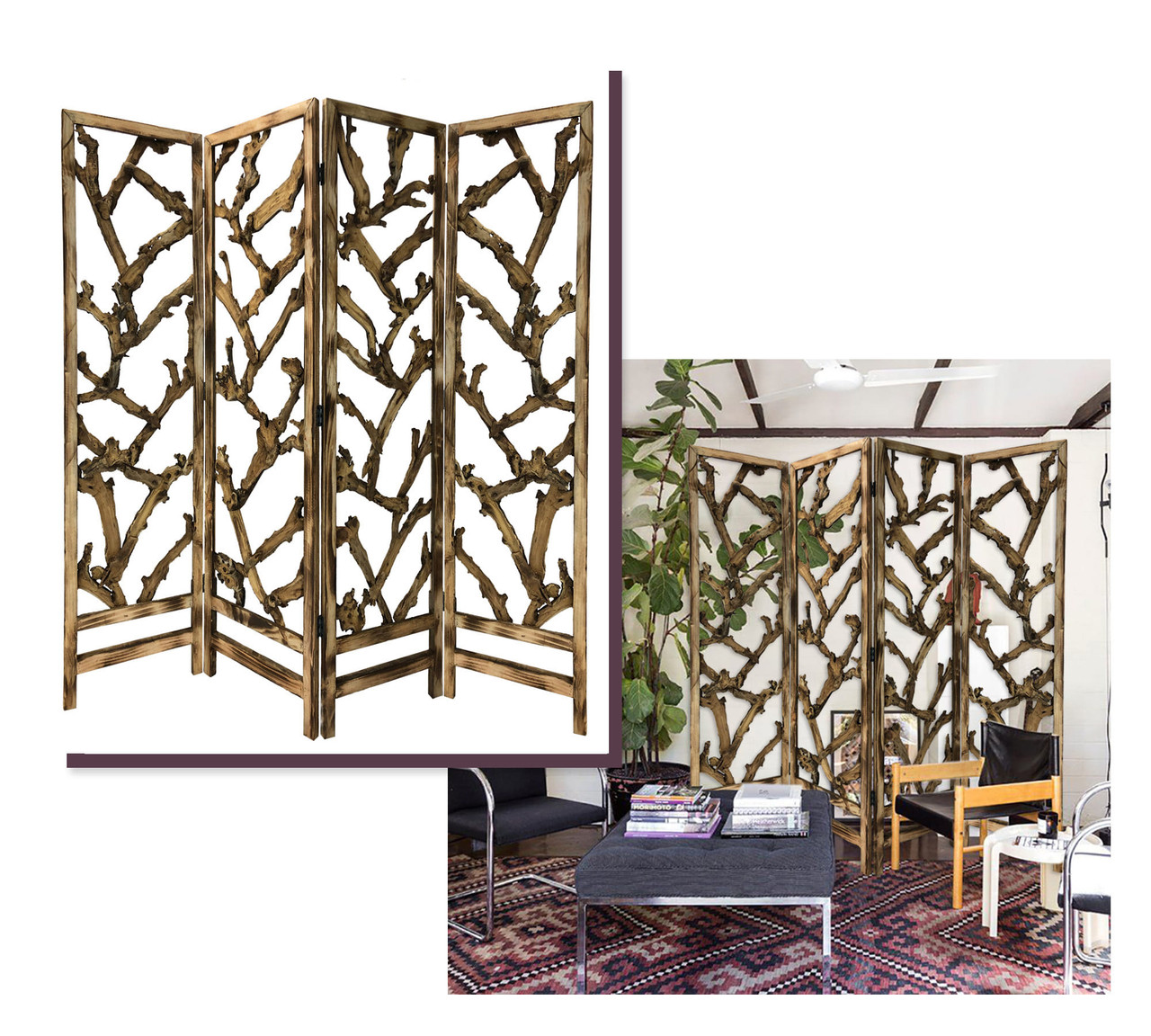 84" Brown Solid WoodFolding Four Panel Screen Room Divider