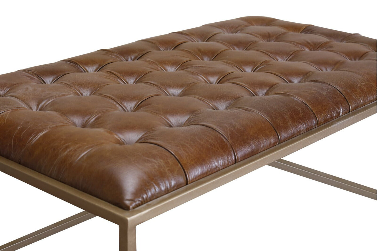 48" Gold And Brown Leather Rectangular Coffee Table