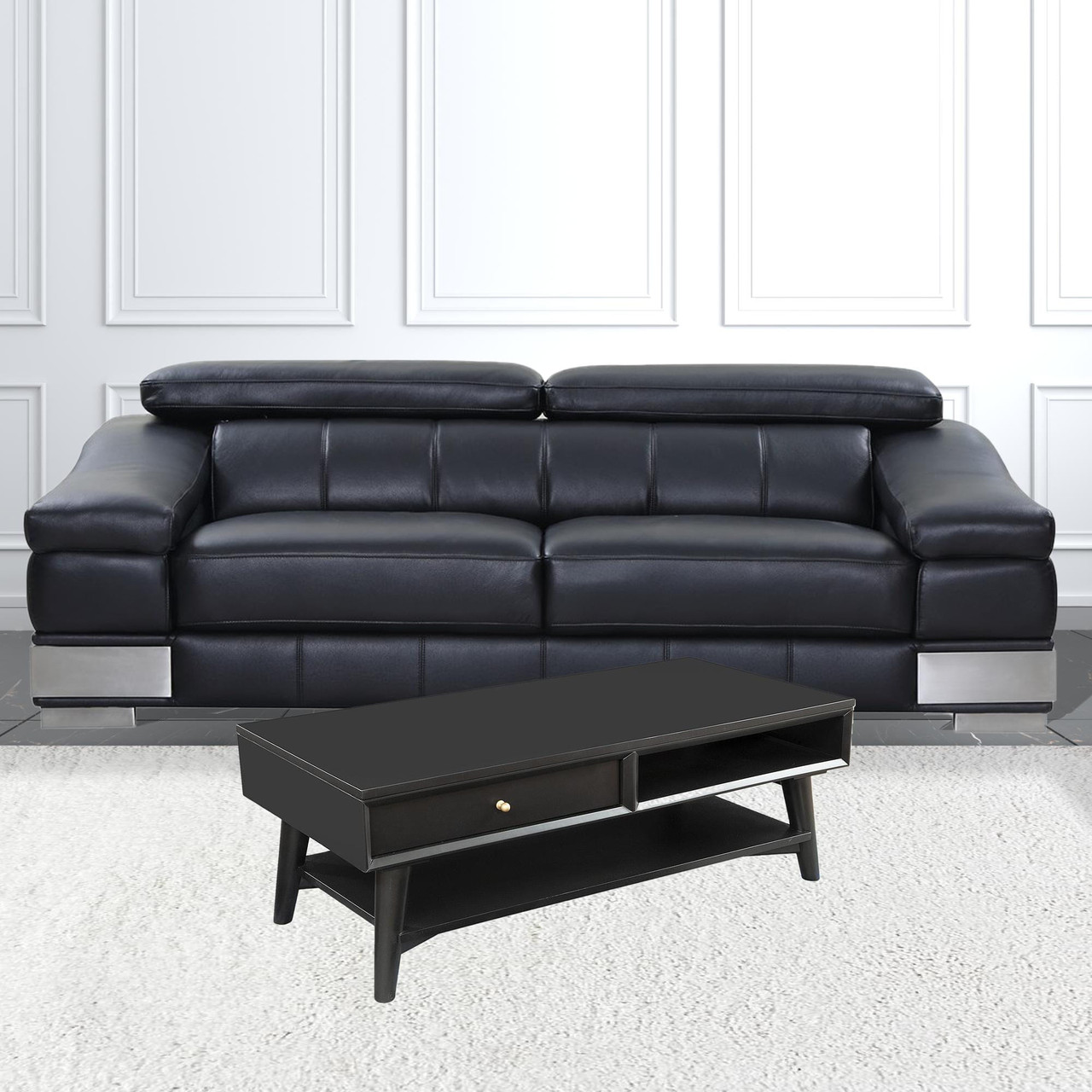 48" Black Solid And Manufactured Wood Coffee Table With Drawer
