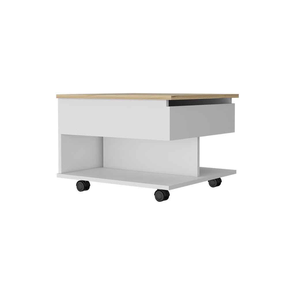 22" Natural And White Lift Top Coffee Table With Two Shelves