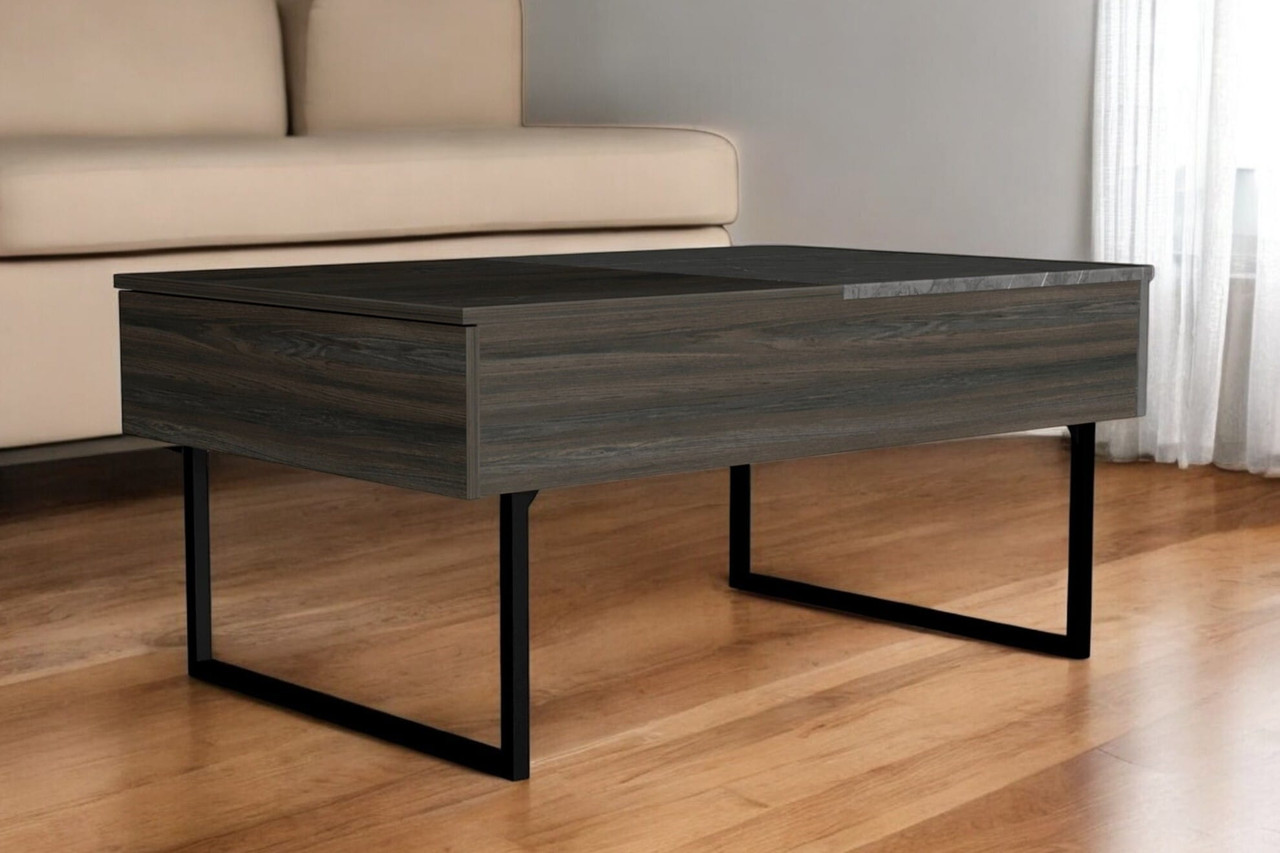 39" Brown And Black Wood And Metal Lift Top Coffee Table With Drawer