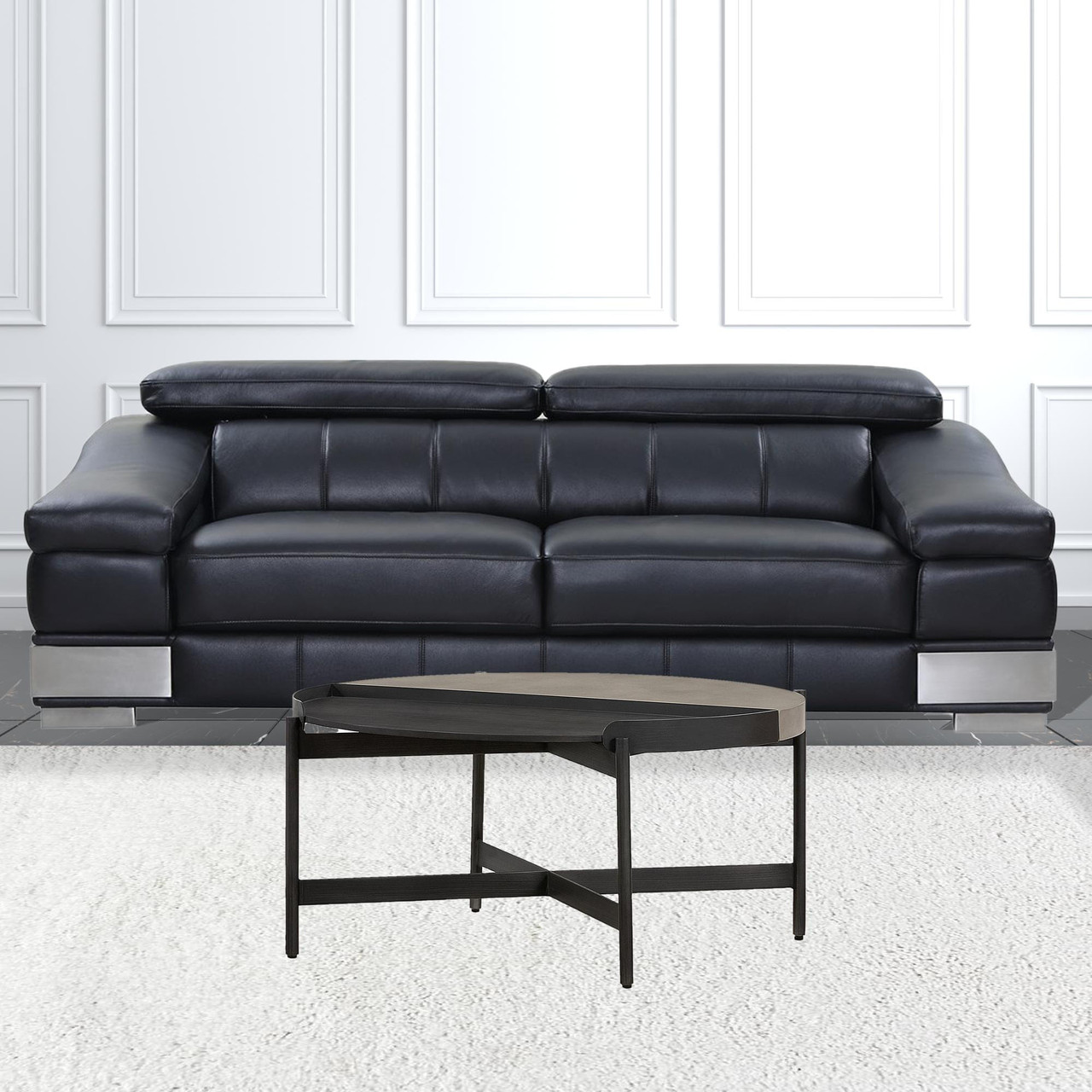 32" Gray And Black Concrete And Metal Round Coffee Table