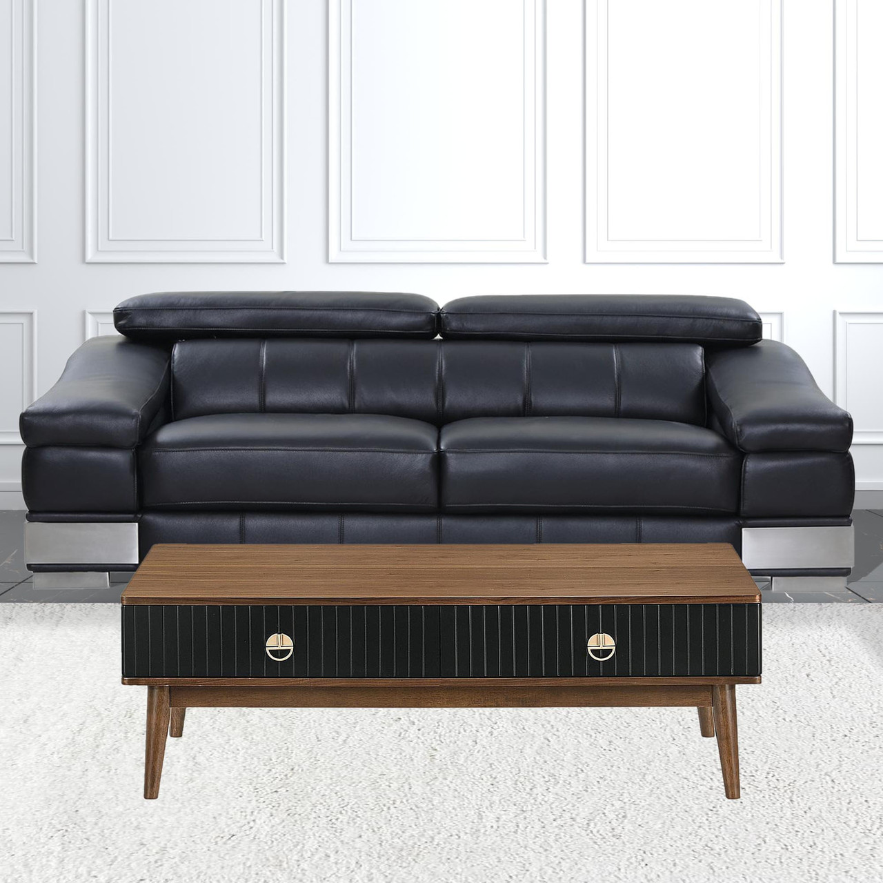 47" Brown And Black Coffee Table With Two Drawers