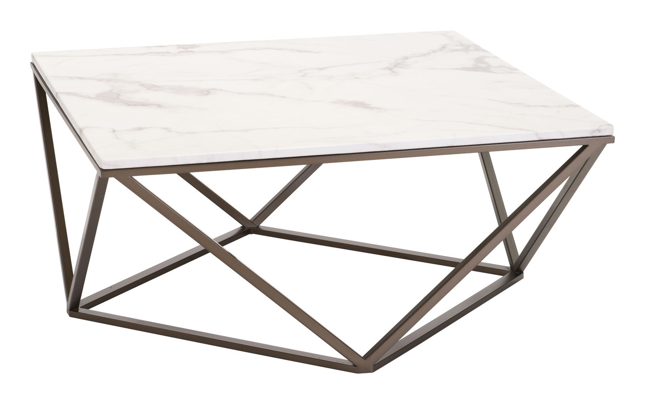 36" White Faux Marble And Steel Square Coffee Table