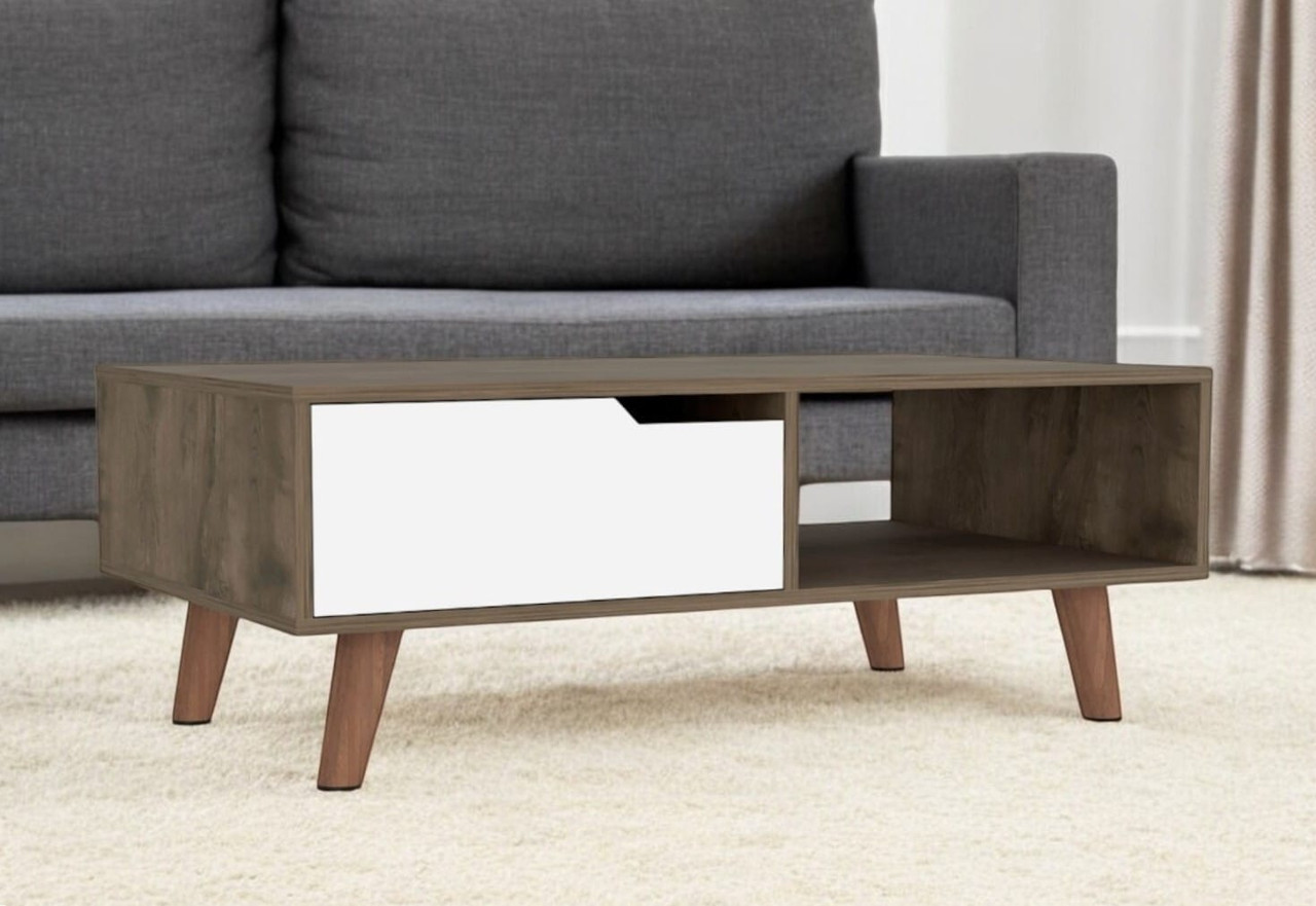 40" Brown And White Wood Coffee Table With Drawer And Shelf