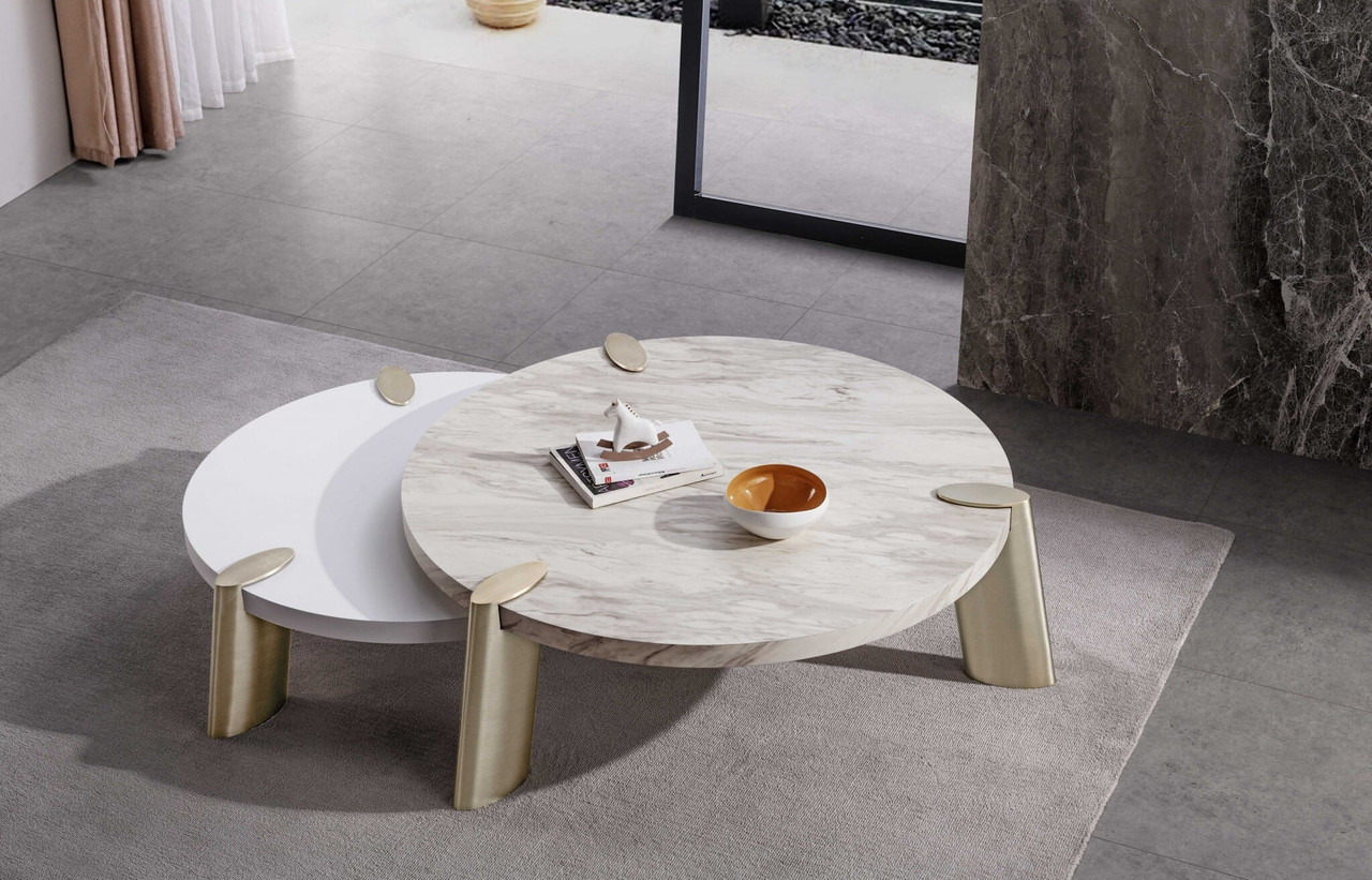 48" Gold And White Genuine Marble Round Coffee Table