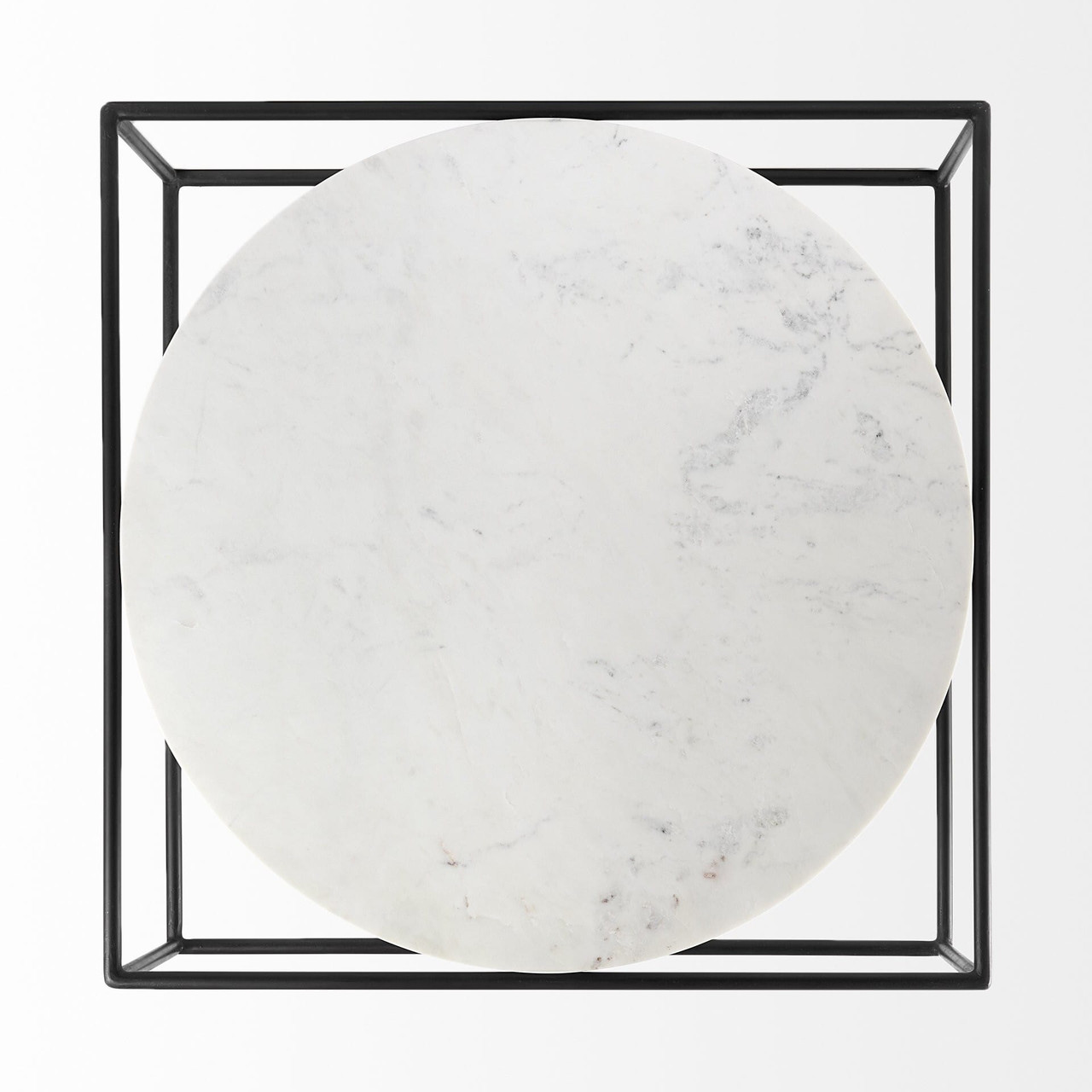 36" White And Black Genuine Marble And Metal Square Coffee Table