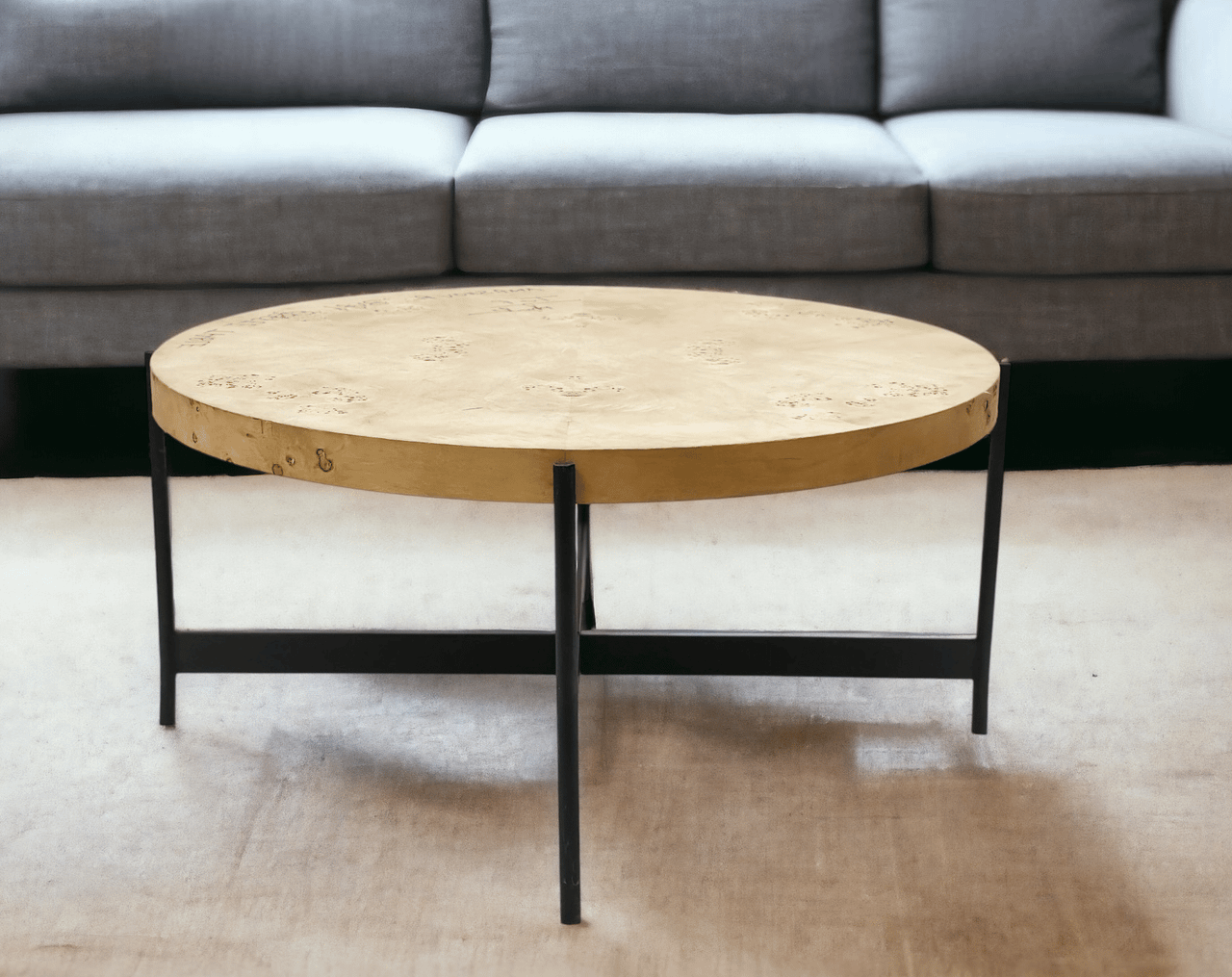 36" Natural And Black Wood and Iron Round Coffee Table