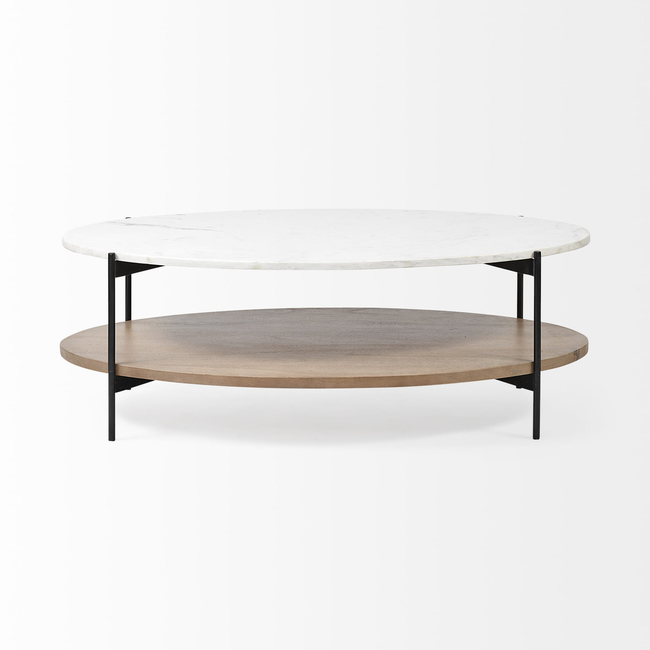 Oval White Marble Top And Black Metal Base Coffee Table W Wood Shelf