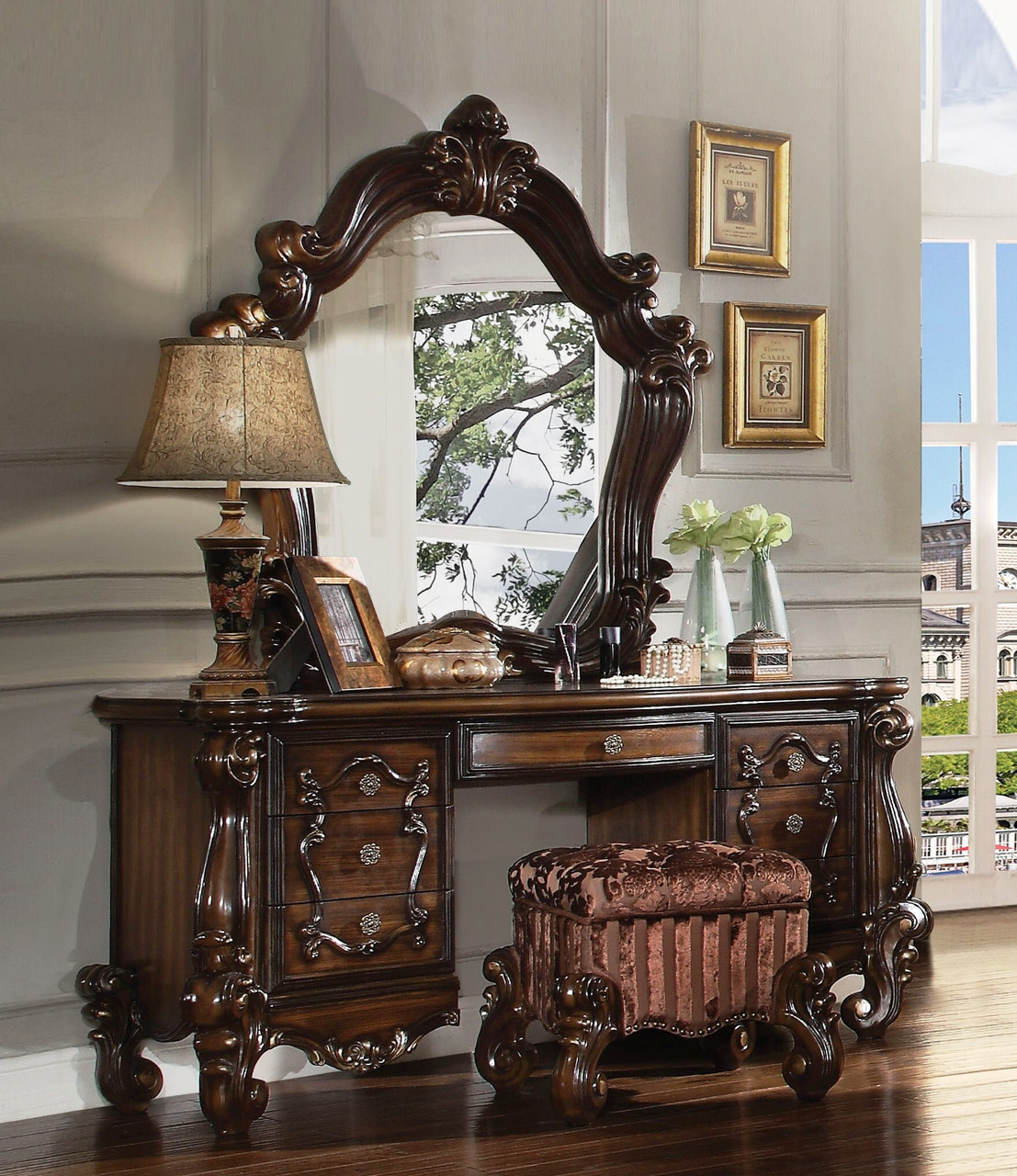 67" Brown Vanity Table With Seven Drawers