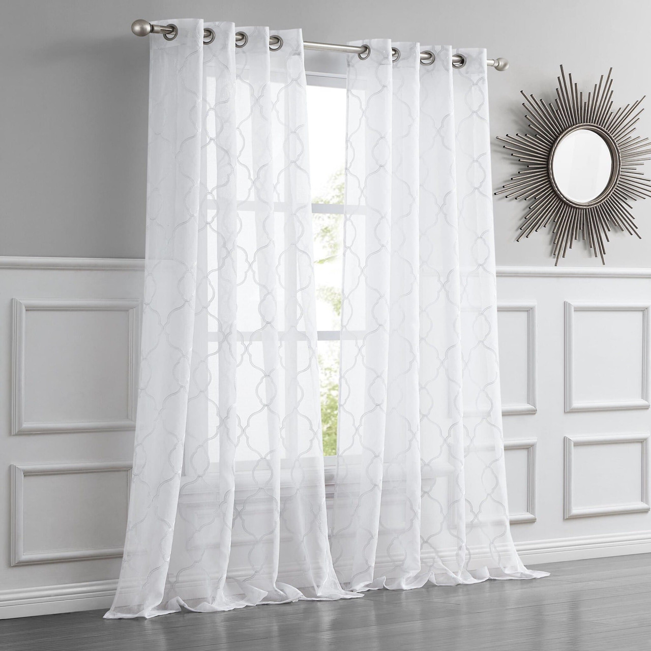 84" White Trellis Pattern Embroidered Window Curtain Panel