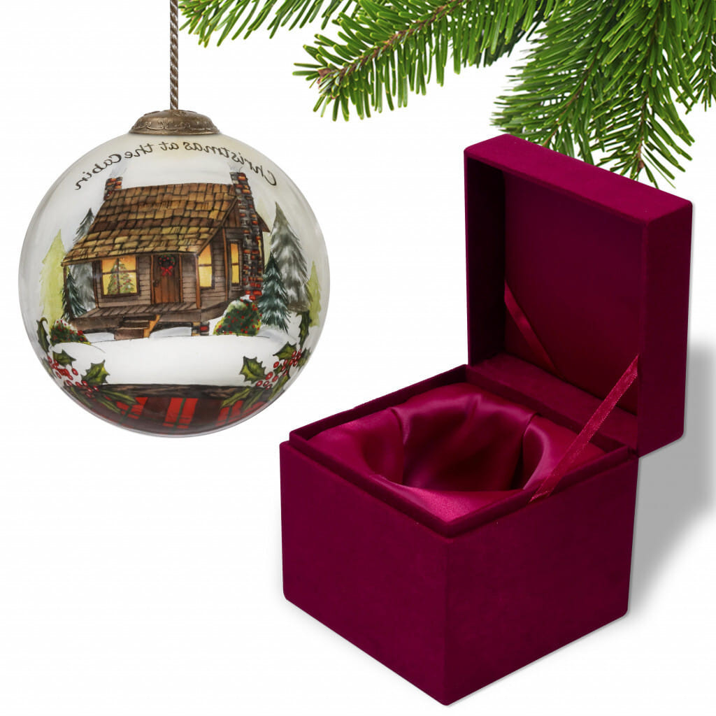 Vintage Christmas at the Cabin Hand Painted Mouth Blown Glass Ornament