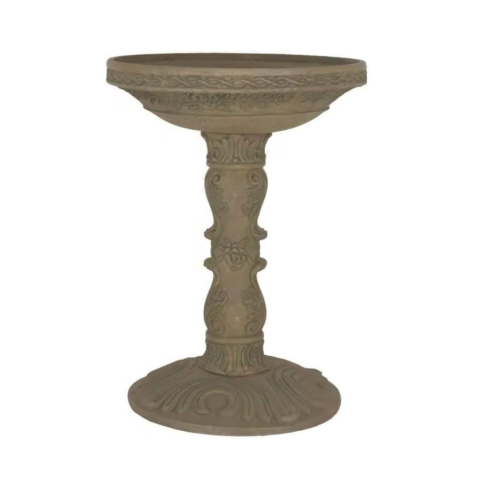Outdoor Fiberglass Bird Bath in Gray Aged Granite Stone Finish