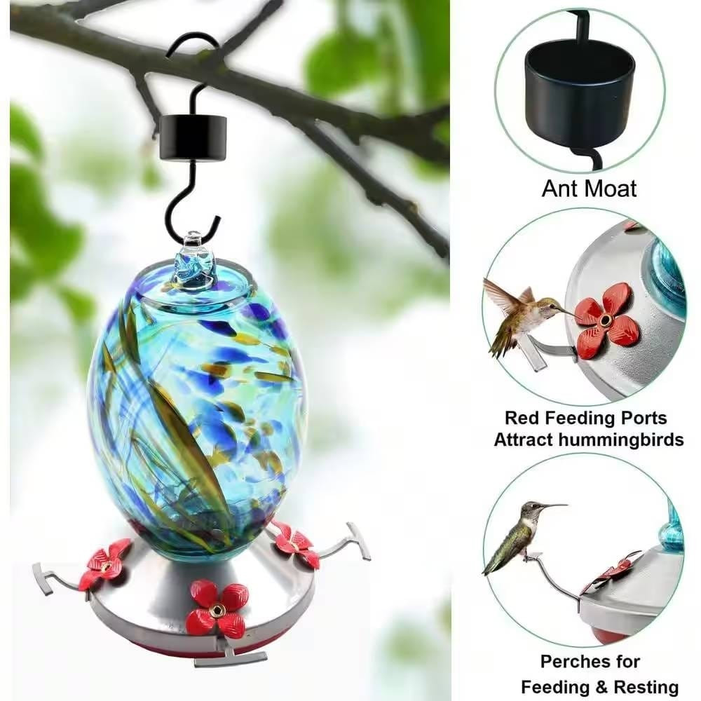 Blue Blown Glass Hummingbird Feeder with Perch and 4 Feeding Ports