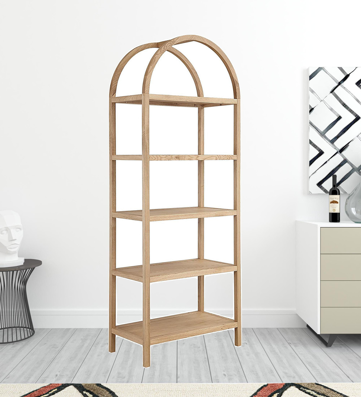 80" Natural Wood Five Tier Arched Top Bookcase