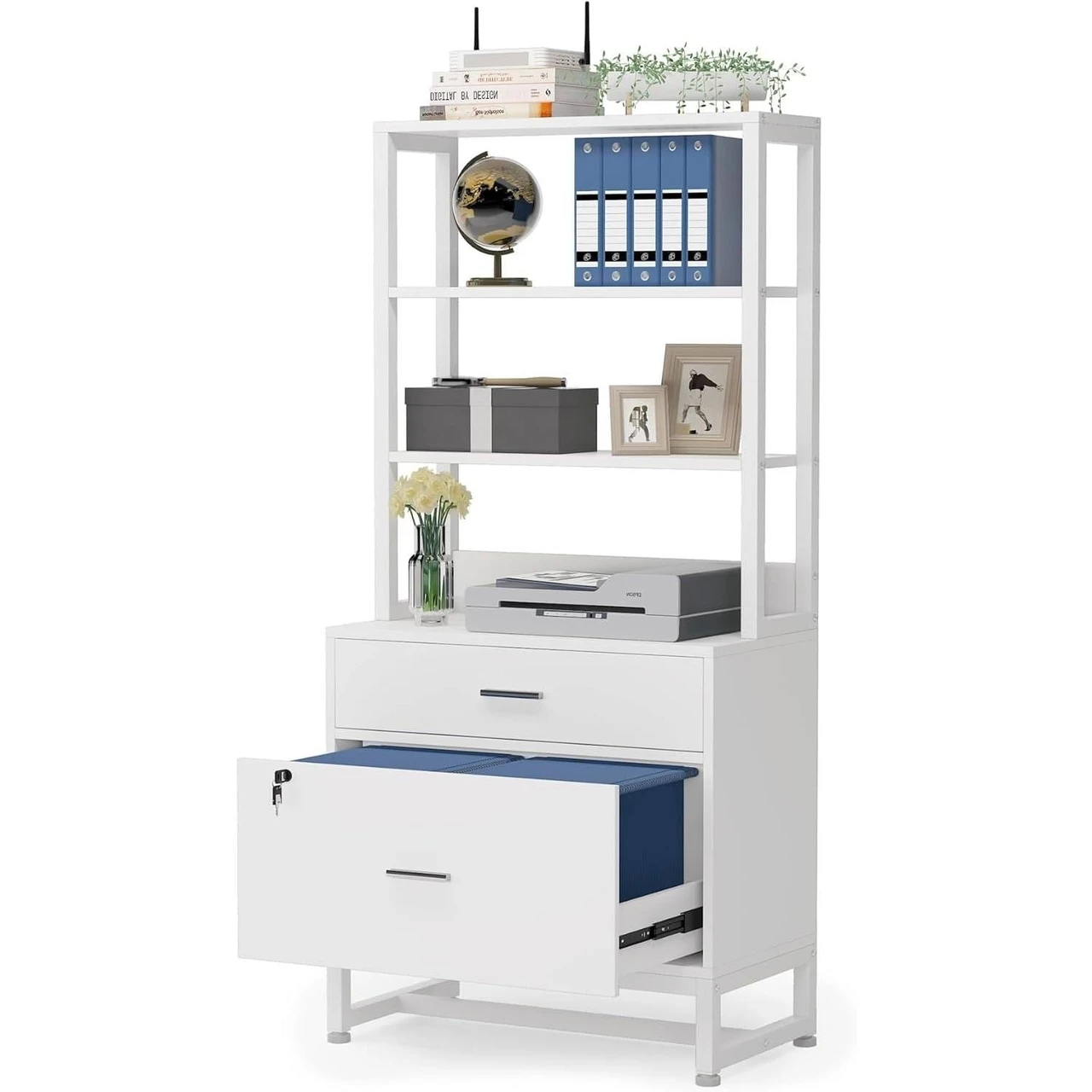 Home Office Lockable 2 Drawer Filing Cabinet Bookshelf in White Wood Finish