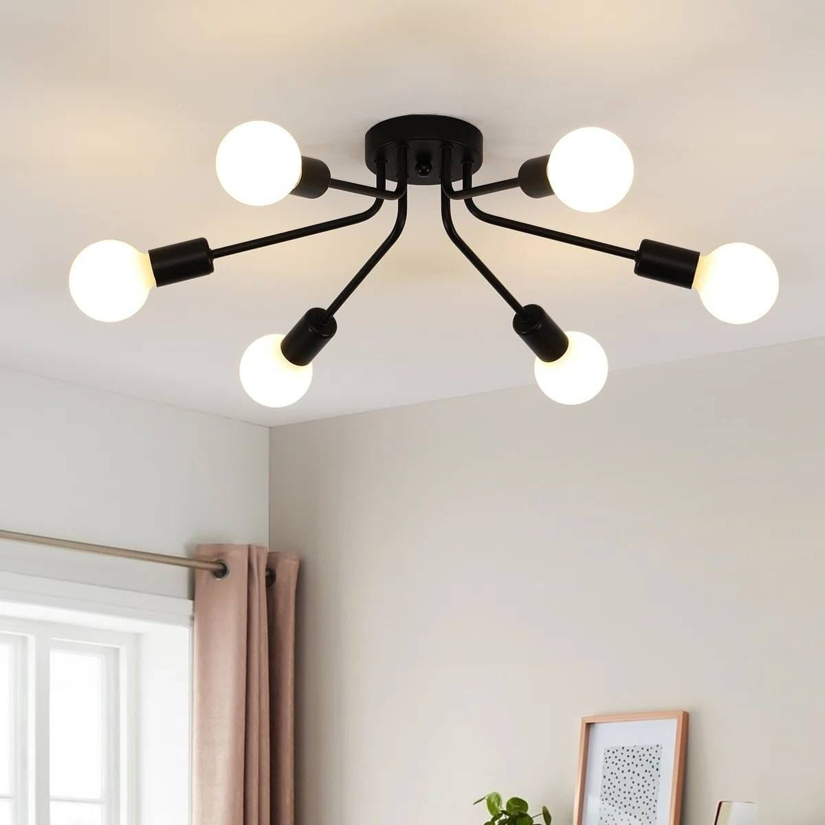 Black Mid-Century Modern 6-Light Flush Mount Sputnik Ceiling Light