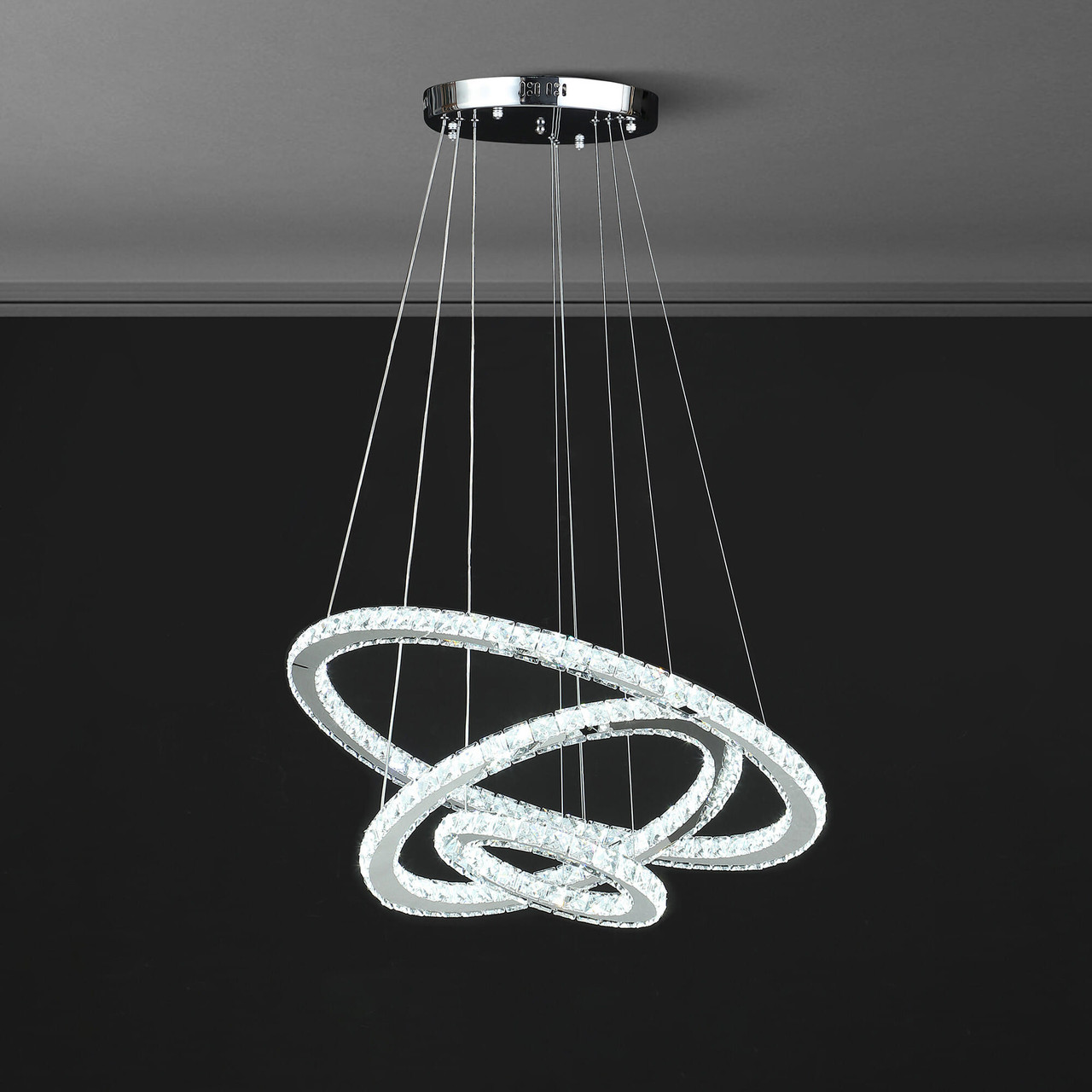 Silver Metal and Crystals LED Dimmable Chandelier