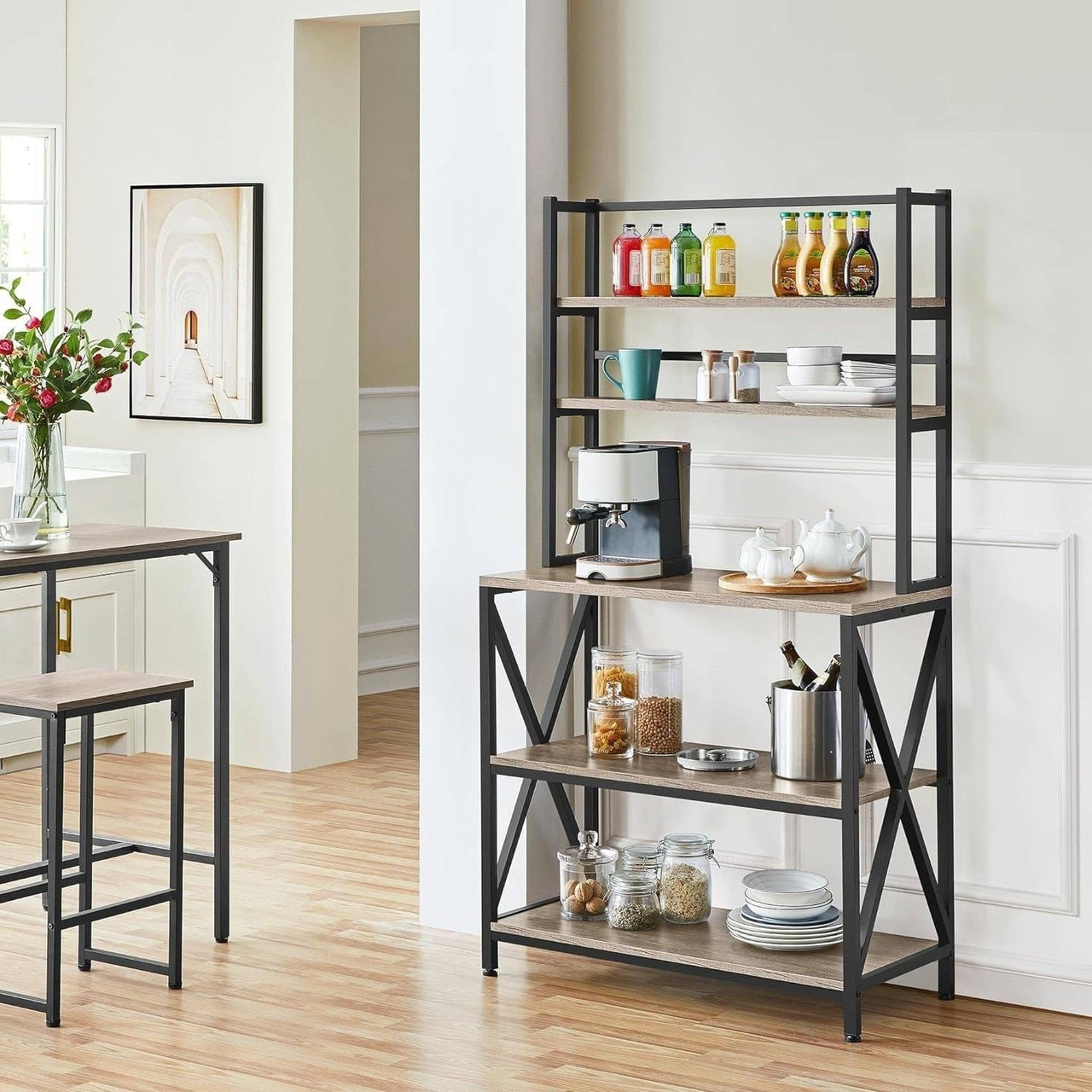 Modern Black Metal Grey Wood Bakers Rack Microwave Stand Kitchen Shelving Unit