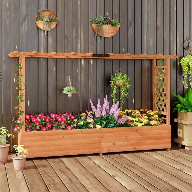 Solid Fir Wood Rectangle Raised Garden Bed with Side Trellis