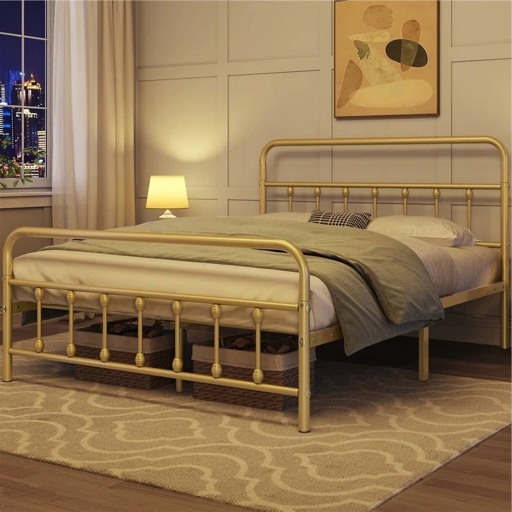 Full size Vintage Antique Gold Metal Platform Bed Frame with Headboard Footboard