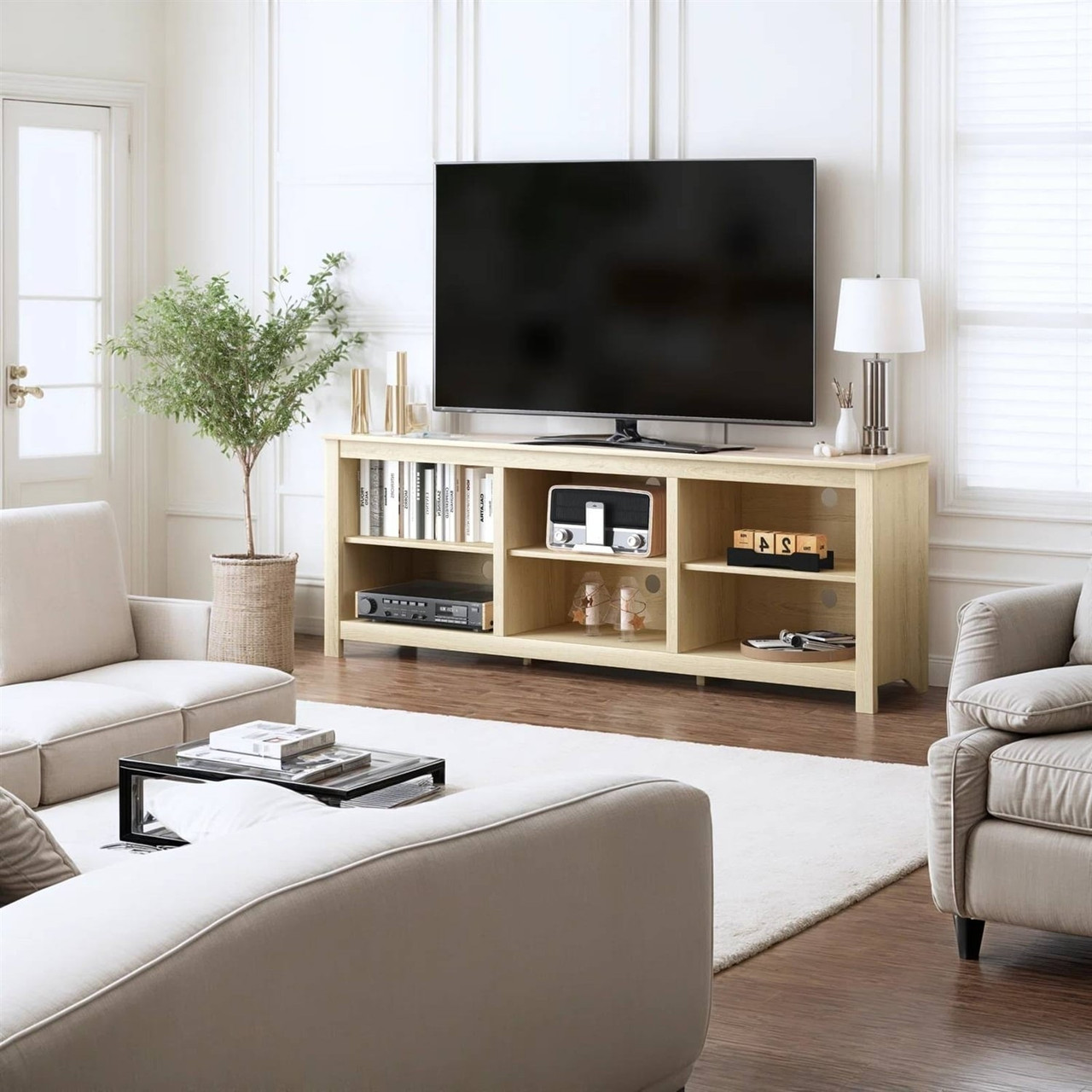 Farmhouse TV Stand in Light Oak Wood Finish - for TVs up to 70-inch