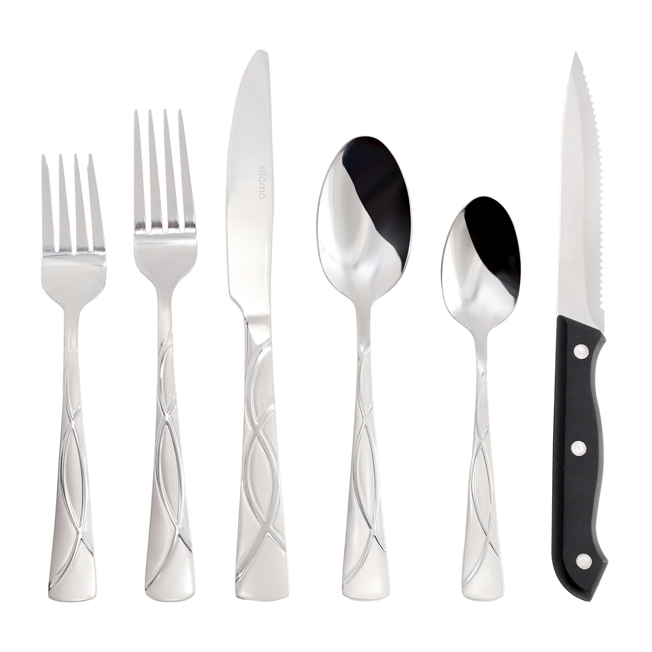 Elama Nour 48 Piece Mirror Polished + Sand Blasted Stainless Steel Flatware Set with Steak Knives