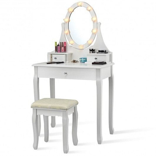 3 Drawers Lighted Mirror Vanity Dressing Table Stool Set-Black