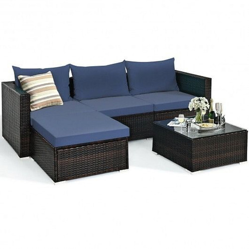 5 Pieces Patio Rattan Sectional Furniture Set with Cushions and Coffee Table-Red