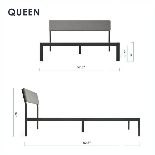 Queen Size Grey Soft Fabric Metal Headboard Platform Bed Wooden Slats