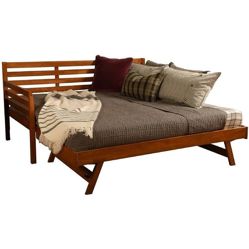 Solid Wood Day Bed Frame with Pull-out Pop Up Trundle Bed in Medium Brown