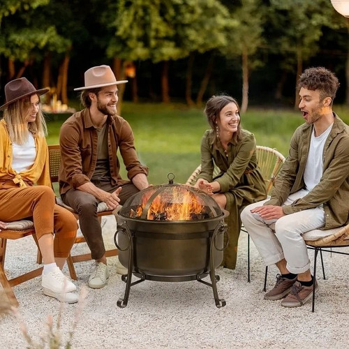 Outdoor Wood Burning Fire Pit Cauldron Style Steel Bowl w/ BBQ Grill, Log Poker, and Mesh Screen Lid