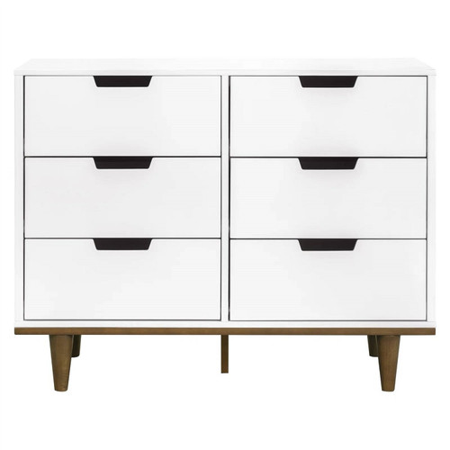 Modern Mid-Century Style 6-Drawer Double Dresser in White Walnut Wood Finish