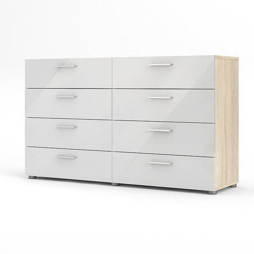 White Modern Bedroom 8-Drawer Double Dresser with Oak Finish Sides and Top