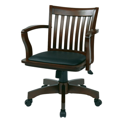 Espresso Bankers Chair with  Black Vinyl Padded Seat and Wood Arms