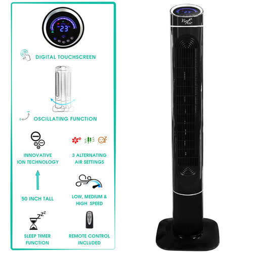 Vie Air 50 Inch Luxury Digital 3 Speed High Velocity Tower Fan with Fresh Air Ionizer and Remote Co