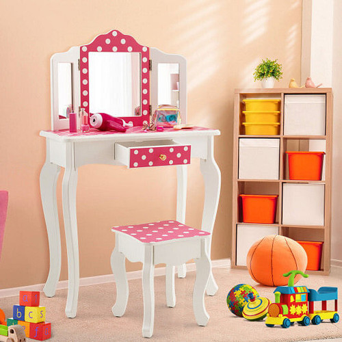 Kids Vanity Table and Stool Set with Cute Polka Dot Print-Pink