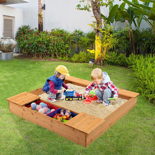 Kids Wooden Sandbox with Bench Seats and Storage Boxes