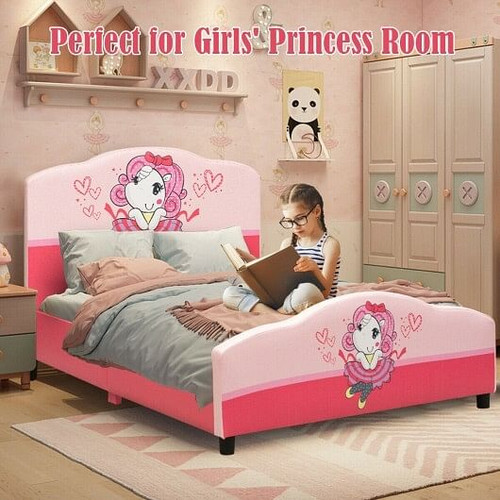 Kids Children Upholstered Platform Toddler Girl Pattern Bed