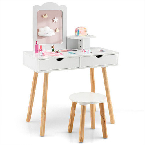 Kid Vanity Table Chair Set with Mirror and 2 Large Storage Drawers-White Kid Vanity Table Chair Set with Mirror and 2 Large Storage Drawers-White
