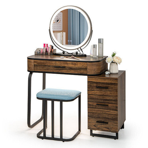 Vanity Table Set with 3-Color Lighted Mirror and Charging Station-Brown